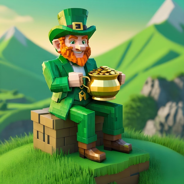 색 배경에 Voxel Leprechaun 3D 클리파트 전체 높이 St. Patrick's Day Minecraft 스타일