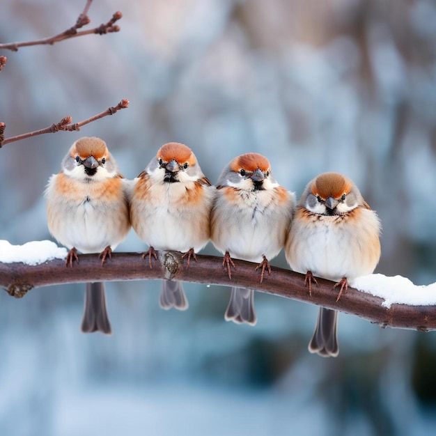 vpanoramic photo with a group of small funny birds sparrows sit on a branch in different poses in a