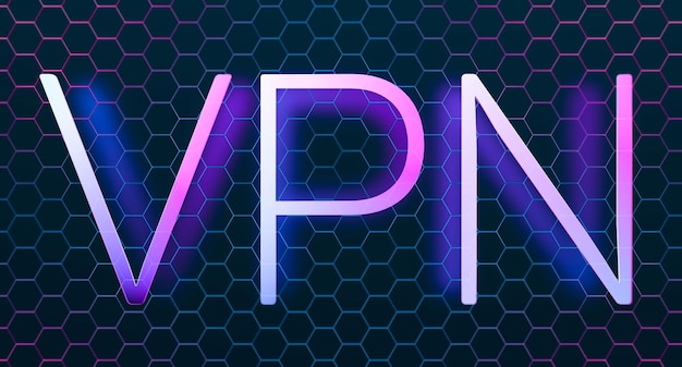 네온 불빛과 흐릿한 배경 3D 렌더 일러스트레이션이 있는 반사가 있는 VPN 개념