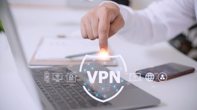 VPN secure connection concept Person using Virtual Private Network technology to create encrypted tunnel to remote server on internet to protect data privacy or bypass censorship