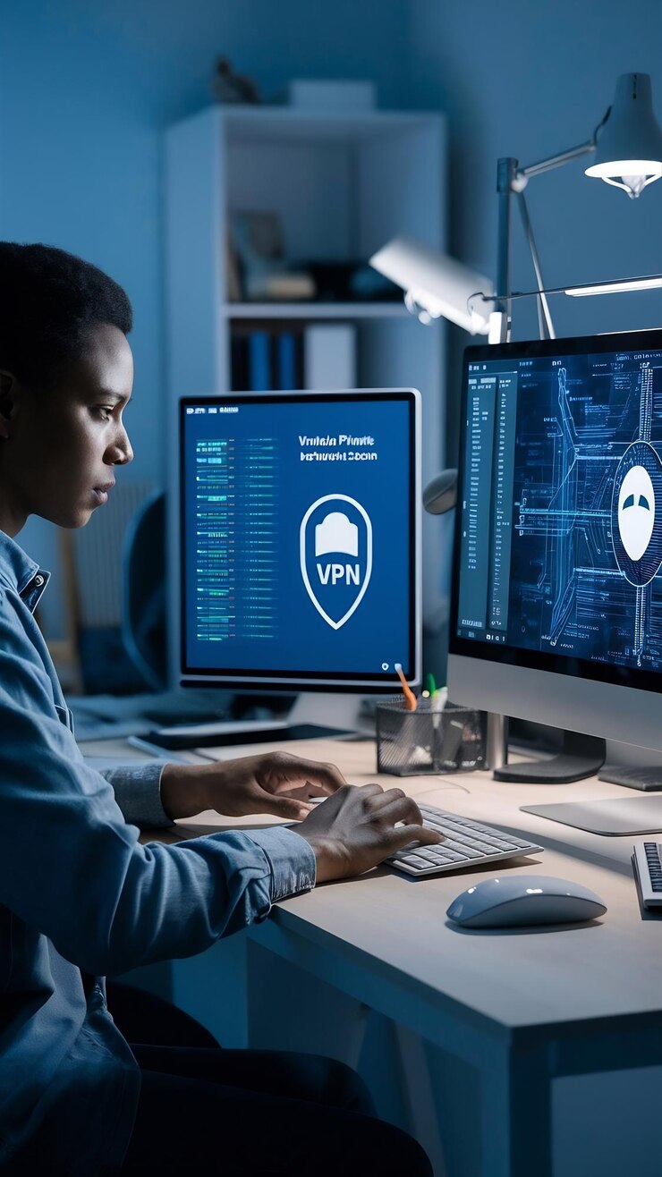 Photo vpn secure connection for freelancer person using virtual private network technology on computer to