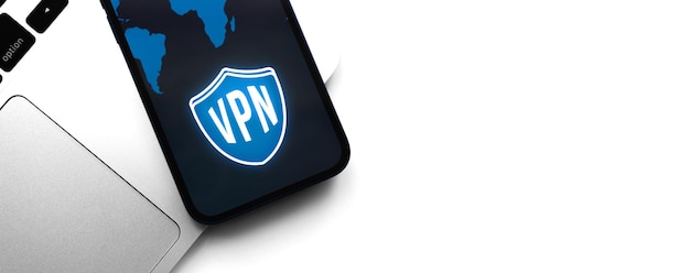 スマートフォンのVPN仮想プライベートネットワーク匿名の安全で安全な携帯電話のインターネットアクセスデスクトップバナーテクノロジー背景写真