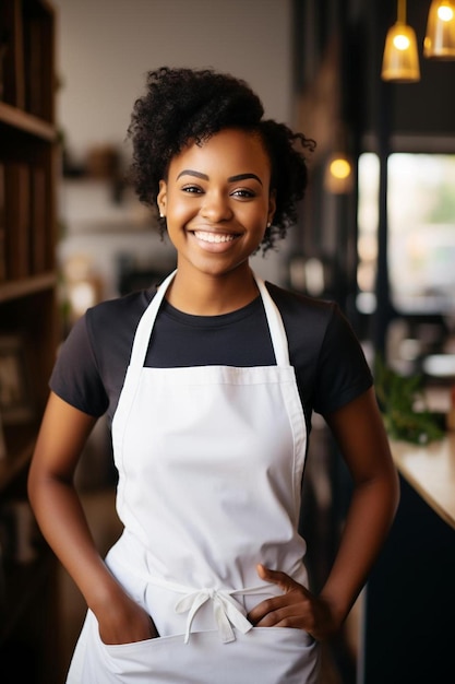 Портрет счастливой афроамериканки, владеющей кафе в фартуке.