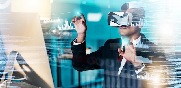 VR businessman and web developer in cyber metaverse seo coding and big data digital transformation and innovation Virtual reality graphics software engineer code and future programmer analytics