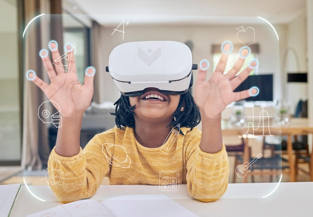 Vr 教育とヘッドセットでの子供 メタバース ゲームまたはビデオ ストリーミングの仮想クラスでの e ラーニング 未来的な学習サイバー教室とアイコン オーバーレイを使用した子供向けの技術革新