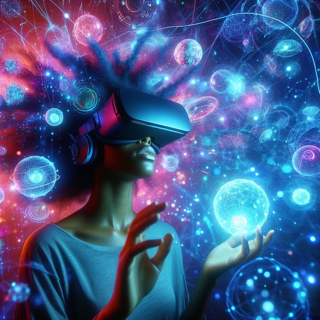 Photo vr environment surrounded by floating digital elements