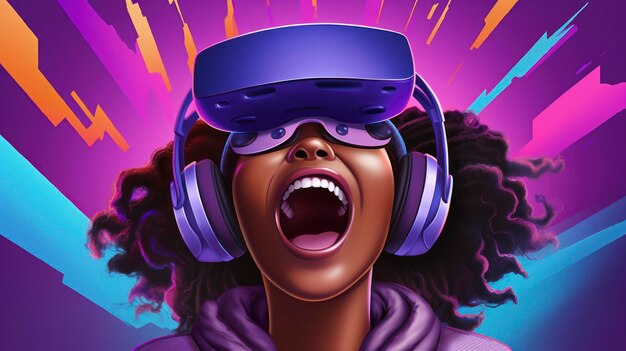 VR experience of a black girl wearing a VR helmet and headset on a purple background