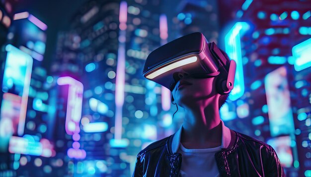 VR Experience in Futuristic City HighResolution Image of Person with VR Gear