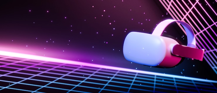 Photo vr gaming glasses fly in space with neon retro wave cyber light synth wave wireframe net