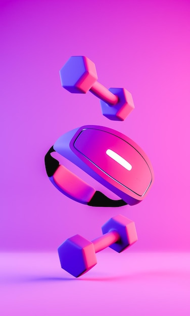 VR glasses and dumbbells under neon light 3d render