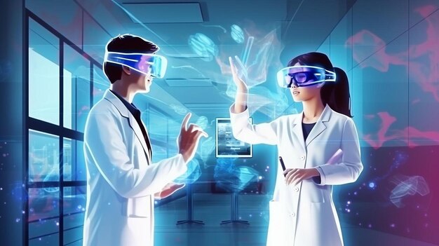 Vr hands and doctor or woman on healthcare software metaverse and d hospital futuristic or digital