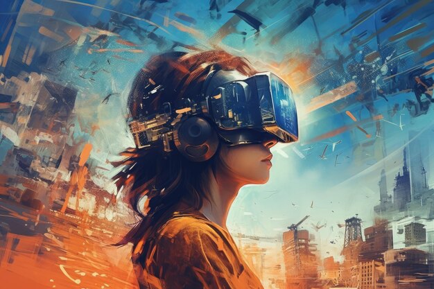 Vr headset double exposure metaverse futuristic virtual world