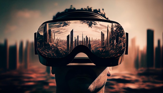 VR-headset dubbele belichting metaverse futuristische virtuele wereld staat van bewustzijn technologie Generatieve AI