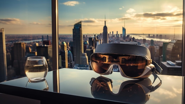VR headset reflecting cityscape on a highrise window glass table Generative AI