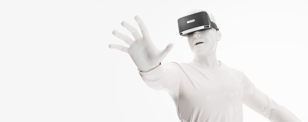 VR headset, technology. 3d render of the man, wearing virtual reality glasses on white background