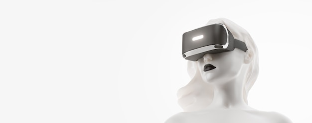 VR headset, technology. 3d render of the woman, wearing virtual reality glasses on black background.