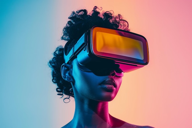 VR-headset Vrouw met virtual reality-bril Toekomstig technologieconcept
