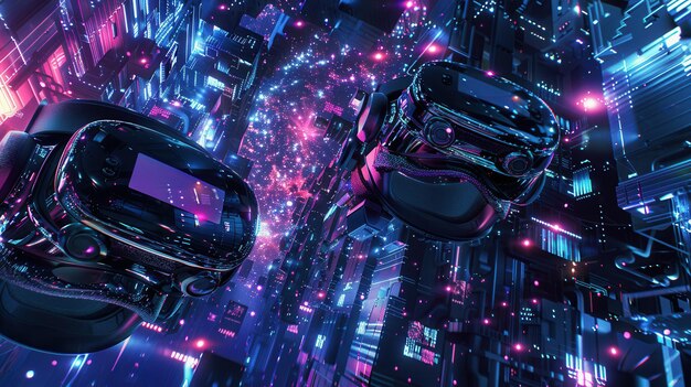 Photo vr headsets and ar glasses are immersed in a vibrant digital world showcasing the immersive nature of virtual reality technology generative ai