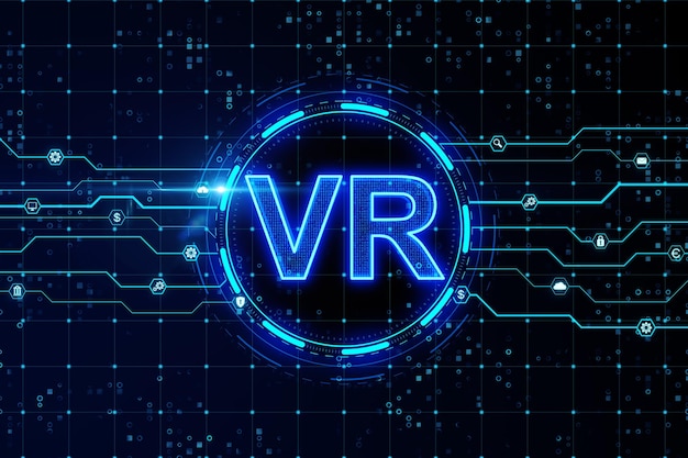 마이크로회로 3D 렌더링이 있는 진한 파란색 배경의 VR 네온 스타일 배너