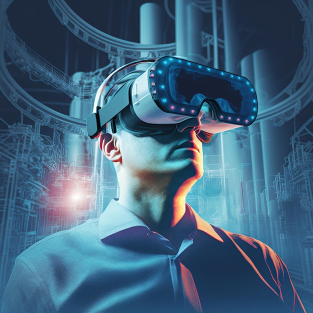 VR technology in industrial man in virtual 3d glasses 3d rendering. raster illustration