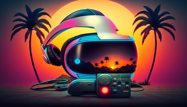 VR with palm 90s Modern collage in retro colors for party design