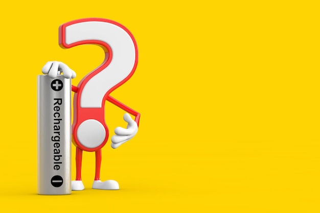 Vraagteken teken cartoon karakter persoon mascotte met oplaadbare batterij 3d-rendering