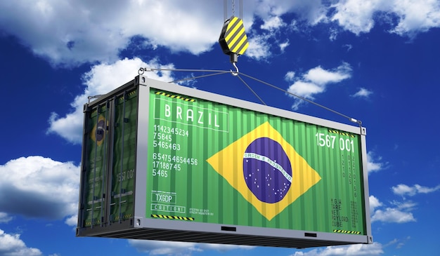 Vrachtcontainer met de nationale vlag van Brazilië hangend op een kraanhoek 3D-illustratie
