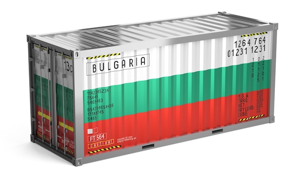 Vrachtcontainer met de nationale vlag van Bulgarije op witte achtergrond 3D-illustratie