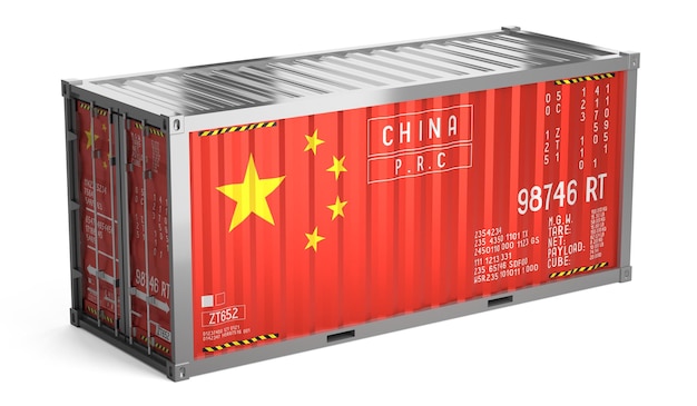 Vrachtcontainer met de nationale vlag van China op witte achtergrond 3D-illustratie
