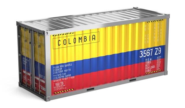 Vrachtcontainer met de nationale vlag van Colombia op witte achtergrond 3D-illustratie