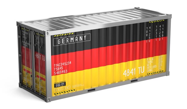 Vrachtcontainer met de nationale vlag van Duitsland op witte achtergrond 3D-illustratie
