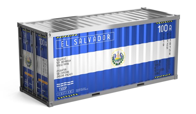 Vrachtcontainer met de nationale vlag van El Salvador op witte achtergrond 3D-illustratie