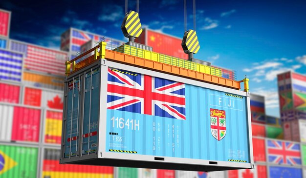 Vrachtcontainer met de nationale vlag van Fiji in 3D