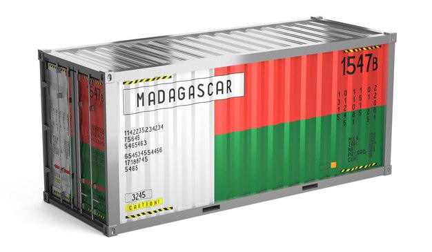 Vrachtcontainer met de nationale vlag van Madagaskar op witte achtergrond 3D-illustratie