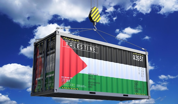 Vrachtcontainer met de nationale vlag van Palestina hangend op een kraanhoek 3D-illustratie