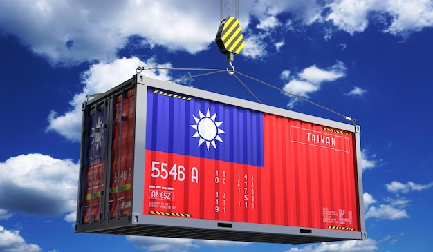 Vrachtcontainer met de nationale vlag van Taiwan hangend op een kraanhoek 3D-illustratie