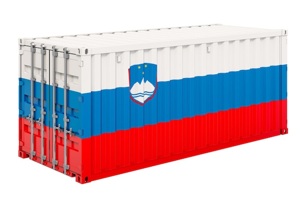 Vrachtcontainer met een 3D-weergave van de Sloveense vlag op een witte achtergrond