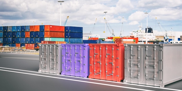 Vrachtcontainers vervagen havenachtergrond Import export logistiek concept 3d illustratie