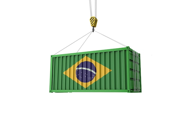 Vrachthandelscontainer met Braziliaanse vlag hangend aan een kraan d render