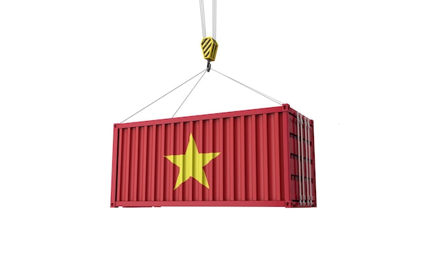 Vrachthandelscontainer met Vietnamese vlag hangend aan een kraan d render