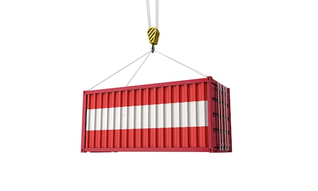 Vrachthandelscontainer met vlag van Oostenrijk hangend aan een kraan d render