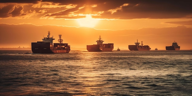 Vrachtschepen op zee bij zonsondergang