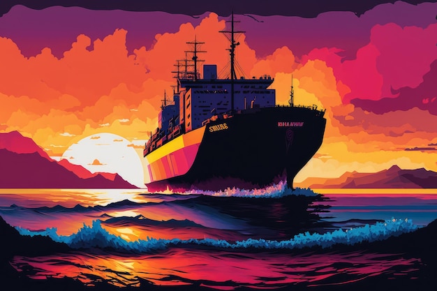 Vrachtschip dat rustig vaart voor een levendige zonsondergang met een gedurfd oranje en paars kleurenschema