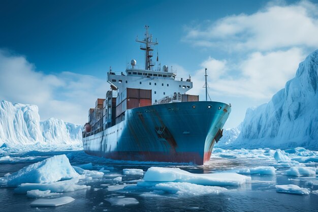 Vrachtschip in ijzige Arctische wateren geïsoleerd op een hellende achtergrond