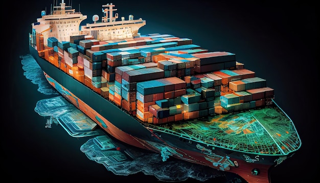 vrachtschip met containers voor export en import wordt getoond op een wereldwijde wereldservice voor vracht