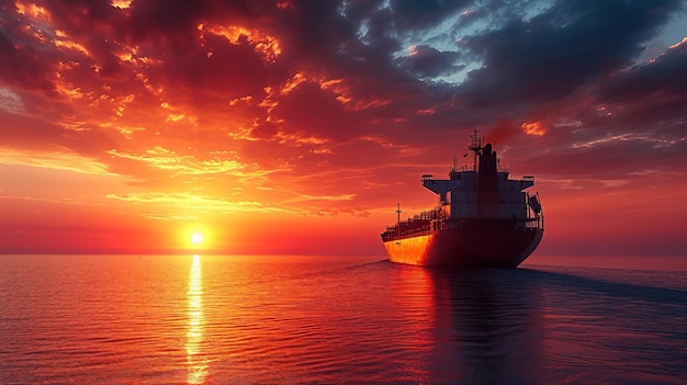 Vrachtschip tegen een levendige zonsondergang in de haven AI genereren illustratie