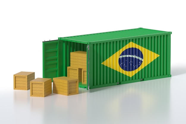 Vrachtvervoer uit Brazilië Verzending en verzendconcept Open vrachtcontainer met Braziliaanse vlag vol met houten dozen geïsoleerd op witte achtergrond 3d-rendering