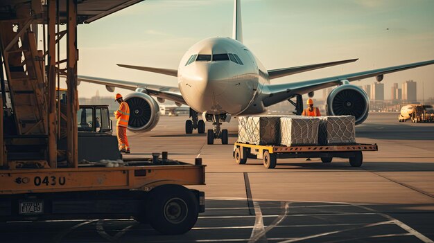 Foto vrachtverwerking op de luchthaven grondpersoneel laadt vliegtuigen vrachtwagens komen aan voor het ophalen van vracht