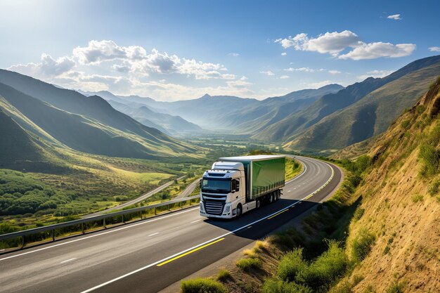 Vrachtwagen die uitgestrekte landschappen doorkruist voor het leveren van goederen over het hele land