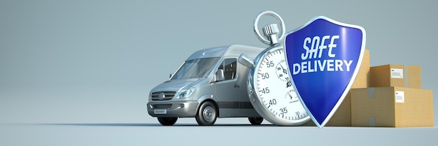 vrachtwagen een stopwatch met een stapel pakketten en een schild met de woorden veilige levering